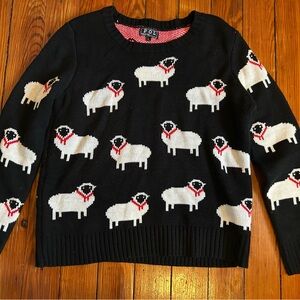 POL Black Crewneck Sweater with White Sheep and Red Accents